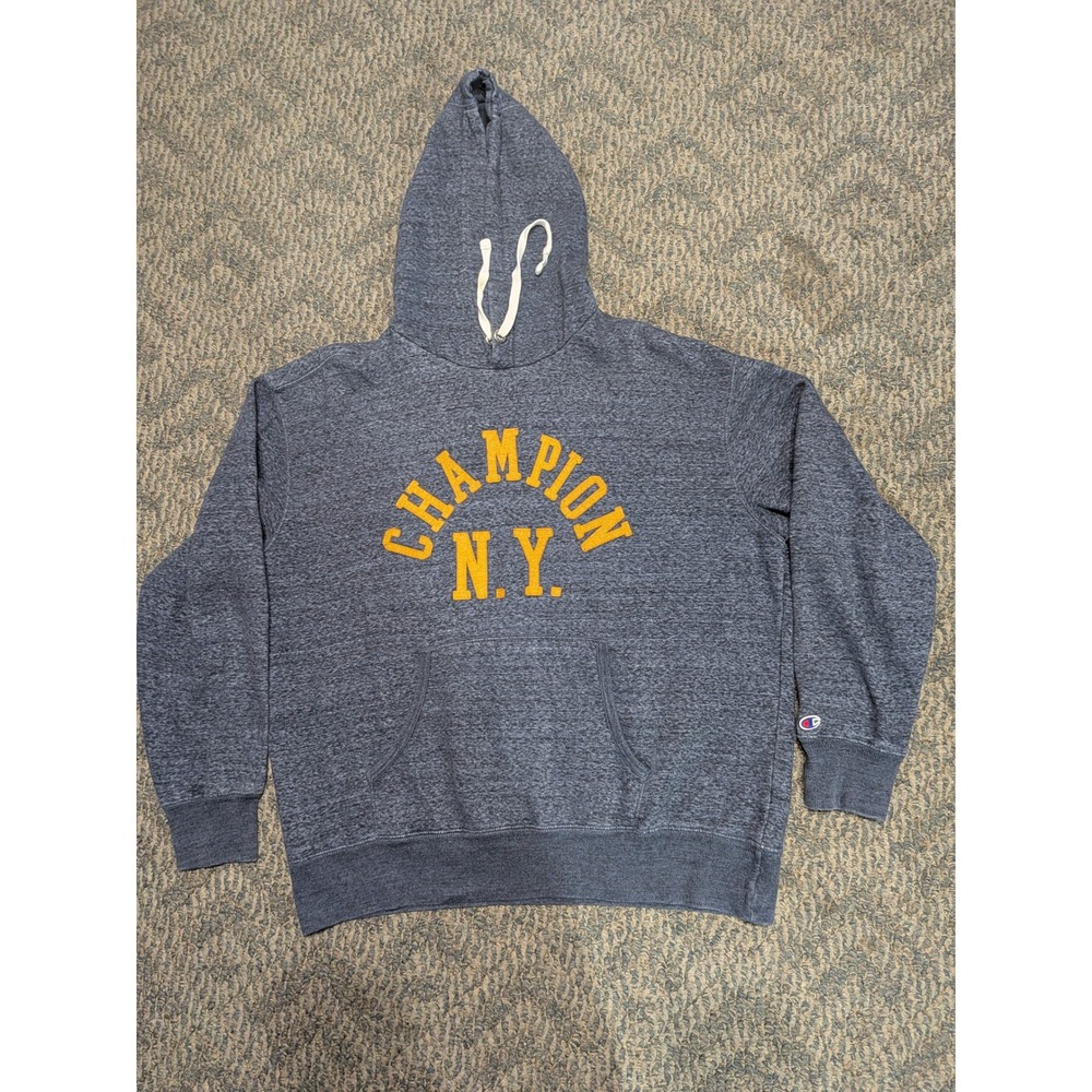 Champion NY Graphic Hoodie Mens XL Gray Heather Pullover Sweatshirt Yellow Logo